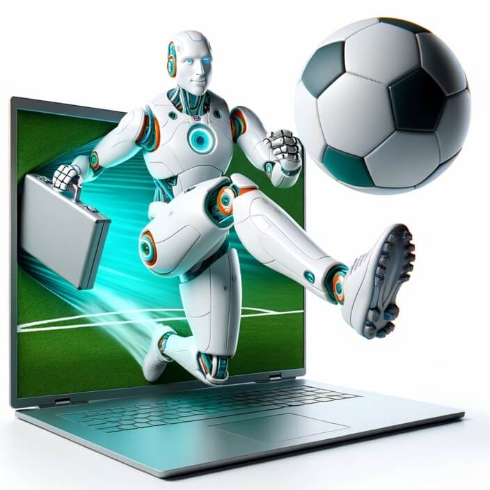 Weboldal készítés és marketing akciós csomag, egy humanoid robot gólt lő épp
