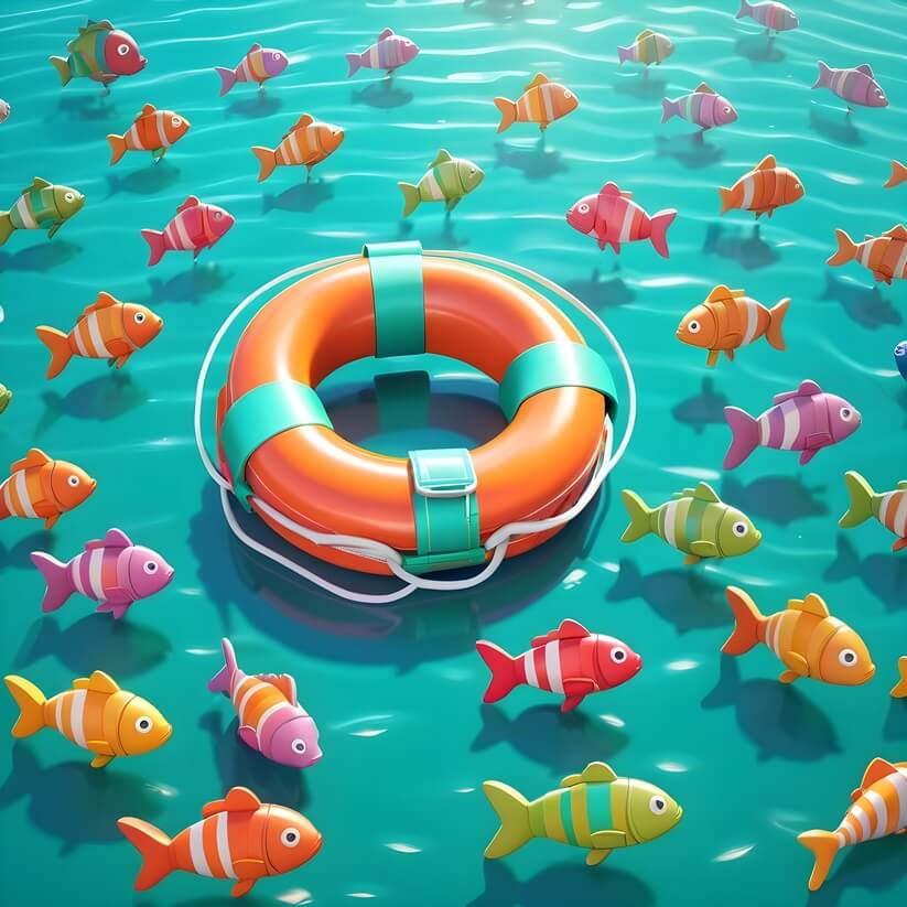 Social media poszt készítés és marketing akciós csomag, sok színes hal egy mentőöv körül