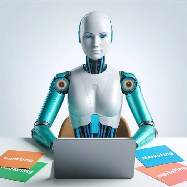 Marketing anyagokat készítő robot ül egy laptop előtt