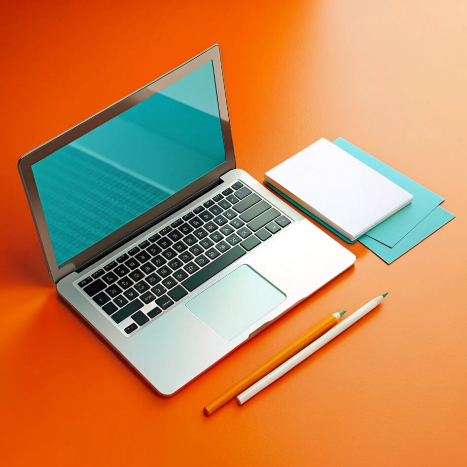 Weboldal készítés karbantartással akciós csomag, egy laptop és egy csomag névjegykártya az asztalon